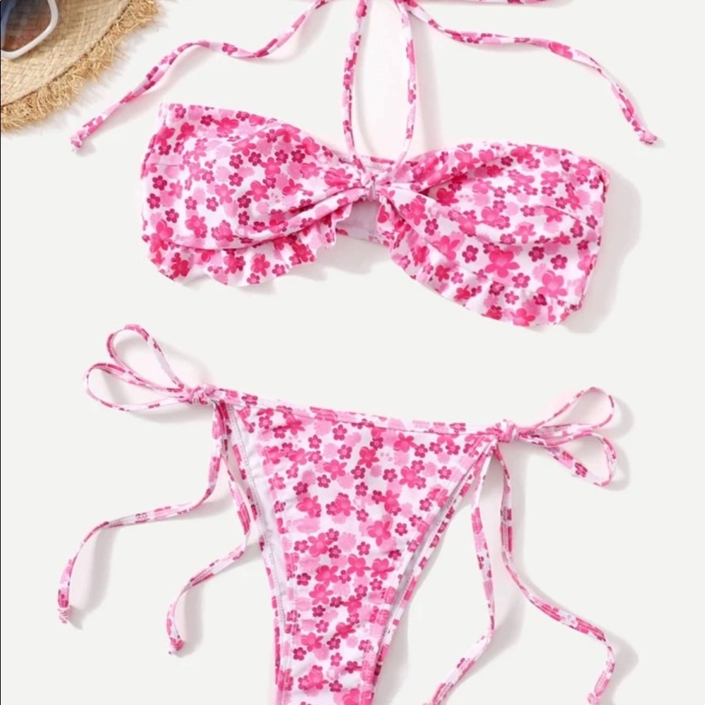 NEW Ditsy Floral Frill Trim Halter Bikini Swimsuit